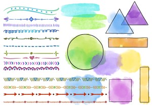 Bunte Kreativelemente für den Worksheet Crafter, mit denen Hintergründe und Aufgaben dekoriert werden können, gesammelt auf weißem Untergrund.