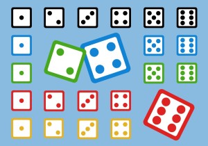 Würfelbilder, bunt auf blauem Hintergrund.