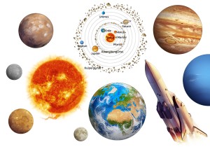 Die Sonne und Planeten bunt auf weißem Hintergrund angeordnet.