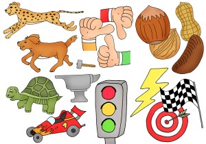 Verschiedene Illustrationen verdeutlichen die Begriffe Leicht, Mittel, Schwer und andere symbolhafte Unterrichtsaspekte.