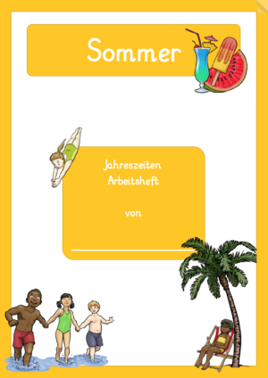 Titelseite des Sommerhefts in gelb, mit Sommermotiven: Eis, Melone, Kinder im Wasser und beim Sonnen