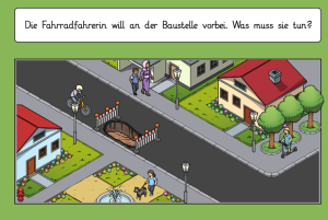 Bestandteil der Fahrradprüfung ist es, in verschiedenen Verkehrssituationen sicher zu reagieren. Eine solche Situation ist hier grafisch auf einer Karteikarte abgebildet.