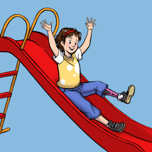 Geschichten für Kinder enthalten oft liebenswürdige Charaktere – wie das Mädchen, das auf diesem Bild eine Rutsche herunterrutscht.