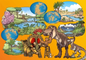 Erdzeitalter- und Dino-Illustration gesammelt auf orangenem Hintergrund.