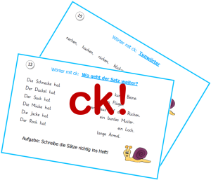 Wörter mit ck auf zwei übereinanderliegenden Karteikarten.