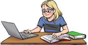 Eine weibliche Person an einem Schreibtisch, vor sich aufgeklappte Bücher und ein Laptop. Vielleicht erstellt sie an diesem gerade Worksheet Go Arbeitsblätter.